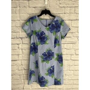 Sun Moda Blue Hawaiian Shift Muumuu Hibiscus Linen Blend Dress Size Medium